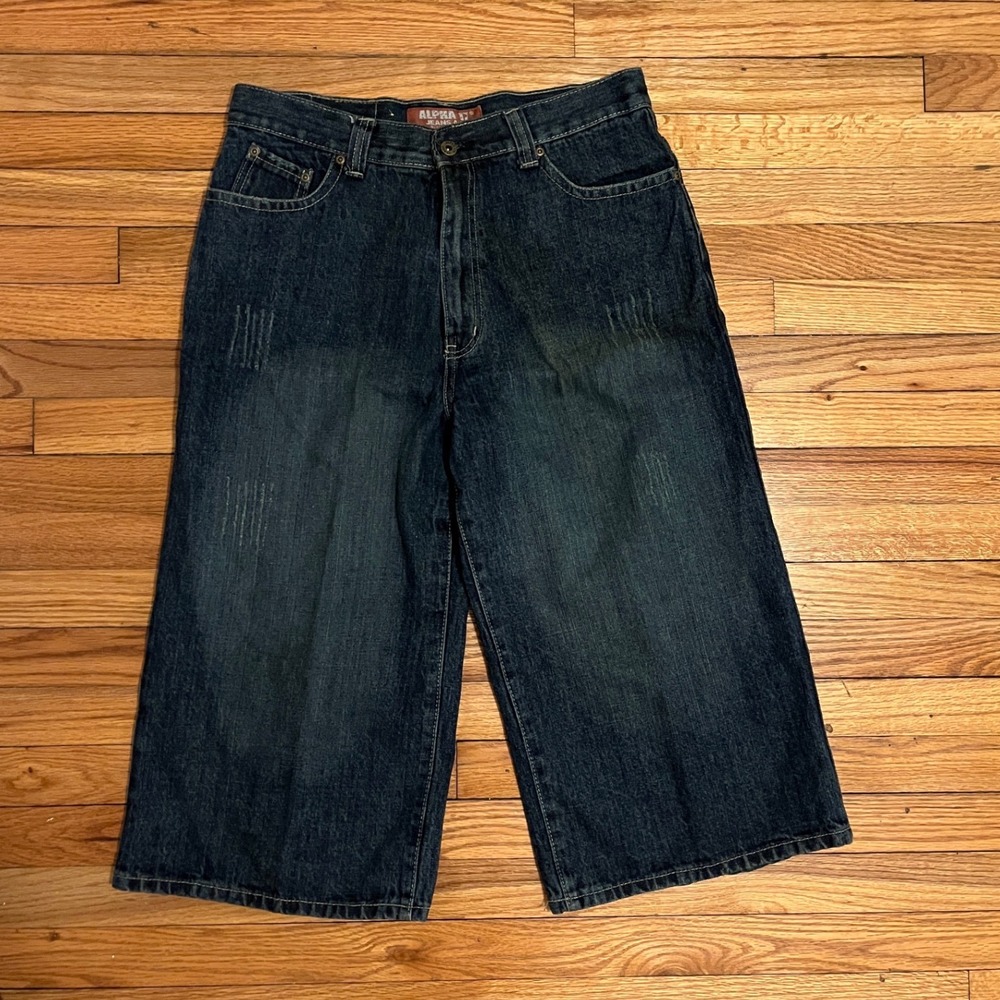 Alpha 17 Jeans A-17 Mens Baggy Dragon Embroidered Denim Shorts Dark Wash 34 y2k